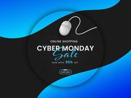 Cyber Monday Sale Poster Design with Discount Offer and Wired Mouse on Blue and Black Halftone Background. vector