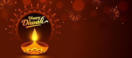 Happy Diwali Font with Lit Oil Lamp and Floral Pattern Decorated on Brown Background. vector