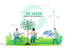 Go Green  Save Environment Concept with Illustration of People Gardening, Solar Panel and Windmills on Nature Background. vector