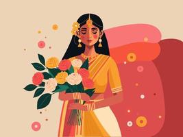 Beautiful Indian Woman Character Holding Roses Against Abstract Background. vector