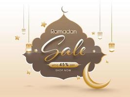 Ramdan Sale concept with crescent moon and hanging lanterns. Islamic holy month of prayers background. vector