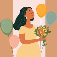 Smart Woman Character Holding Flower Bouquet With Balloons Against Pastel Brown And White Striped Background. vector