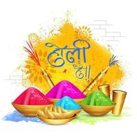 Holi with Dry Color in Bowls, Color Guns, Drink Glass and Indian Sweet on Color Splash Background. vector