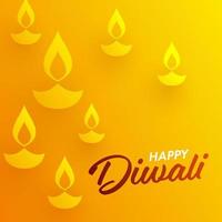 Happy Diwali Font With Illuminated Oil Lamps Decorated On Yellow Background. vector