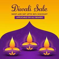 Diwali Sale Poster Design with Discount Offer and Lit Oil Lamps on Yellow and Purple Background. vector