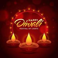 Happy Diwali Font with Illuminated Oil Lamps and Round Shape Lighting Garland on Dark Red Bokeh Background. vector