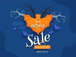 Halloween Sale Poster Design with Discount Offer, Bats and Bare Trees on Blue Background. vector
