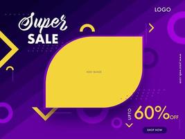 Super Sale banner or poster design with discount offer and space for your product image on purple abstract background. vector