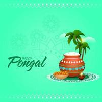 contento pongal texto con arroz barro maceta, dulce bol, iluminado petróleo lámpara y palma arboles en verde antecedentes. vector