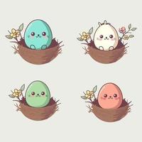 Set of Cute Egg Face On Floral Nest In Flat Style. vector
