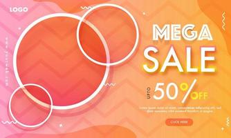 Mega Sale web banner design with discount offer and empty circular frame given for your product image on wavy striped pattern background. vector