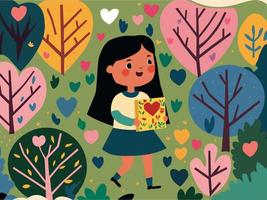 caminando linda niña personaje participación regalo caja con vistoso corazón forma hojas y arboles antecedentes. vector