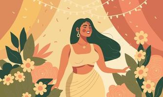 de moda mujer personaje con cortinas, Encendiendo guirnalda y flores antecedentes vector