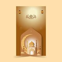 Arabic Islamic Calligraphy of Wish Fear of Allah brings Intelligence, Honesty and Love With Crescent Moon And Carved Mosque On Golden Shiny Background. vector