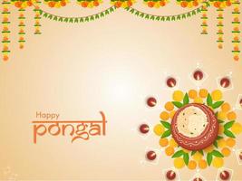 Top View Of Pongali Rice Mud Pot With Lit Oil Lamps And Flower Garland Decorated Glossy Background For Happy Pongal. vector