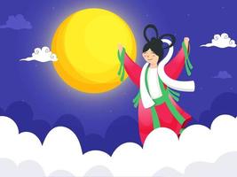 Happiness Chinese Goddess Character and Clouds on Full Moon Blue Background. vector