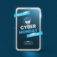 Cyber Monday Mega Sale App in Smartphone with Discount Offer on Teal Blue Background. vector