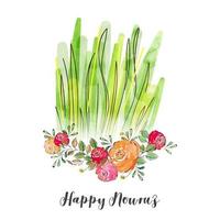 Watercolor Effect Rose Flowers with Leaves and Sabzeh on White Background for Happy Nowruz. vector