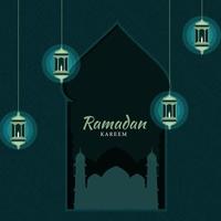 Islamic Holy Month of Ramadan Concept with Colorful Illuminating Lanterns, and Mosque on Green Background. vector