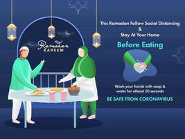 musulmán hombre y mujer servicio delicioso comida en Ramadán seguir social distanciamiento, permanecer a tu hogar, antes de comiendo lavar tu manos, ser seguro desde coronavirus. vector