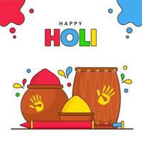 Happy Holi Celebration Concept With Color Powder Pots, Drum, Water Gun On Abstract Background. vector