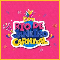 Sticker Style Rio De Janeiro Carnival Text With Colorful Feather Mask, Vuvuzela On Pink Swirl Pattern Background. vector