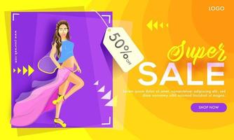 Super Sale banner design with discount offer and modern young girl on abstract background. vector