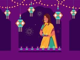 Illustration of Indian Woman Holding Plate of Illuminated Oil Lamps with Hanging Lanterns and Lighting Garland Decorated on Purple Window Background. vector