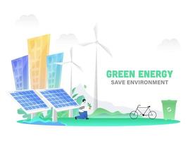 Illustration of Cartoon Man Planting with Solar Panels, Windmills, Bicycle, Recycling Bin and Buildings on White Background for Green Energy Save Environment Concept. vector