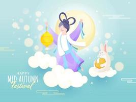 Chinese Goddess Holding a Lantern with Rabbit and Clouds on Full Moon Blue Bokeh Background for Happy Mid Autumn Festival. vector