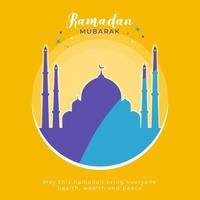 Islamic Holy Month of Ramadan Mubarak with Crescent Moon, and Colorful Mosque on Yellow Background. vector