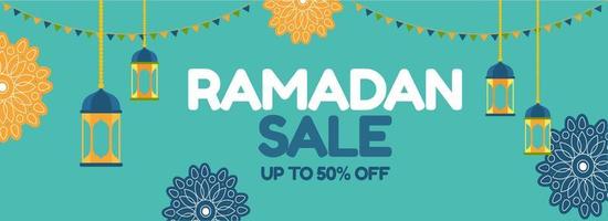 Islamic holy month of Ramdan Sale Banner with Hanging Colorful Lanterns, and Floral Patterns on Sea Green Background. vector