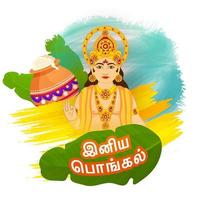 Happy Pongal Text In Tamil Language With Lord Surya Character, Banana Leaves, Pongali Rice Mud Pot And Brush Stroke Effect On White Background. vector