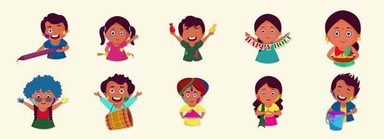 Cheerful Indian Kids or People Celebrating Holi Festival On White Background. vector