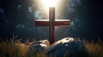 Christian cross on a dark background. 3D rendering photo