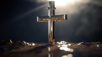 Christian cross on a dark background. 3D rendering photo