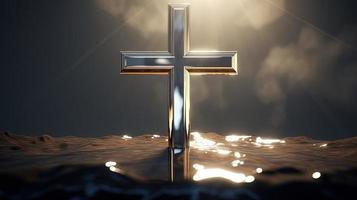 Christian cross on a dark background. 3D rendering photo