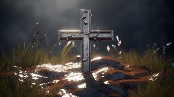 Christian cross on a dark background. 3D rendering photo