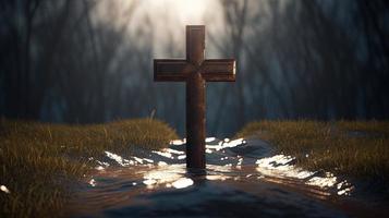 Christian cross on a dark background. 3D rendering photo