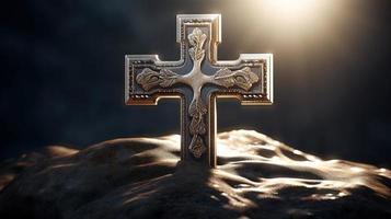 Christian cross on a dark background. 3D rendering photo