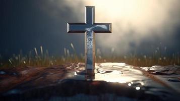 Christian cross on a dark background. 3D rendering photo