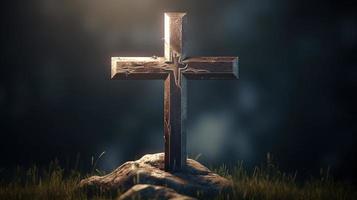 Christian cross on a dark background. 3D rendering photo