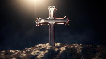 Christian cross on a dark background. 3D rendering photo