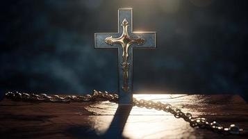 Christian cross on a dark background. 3D rendering photo