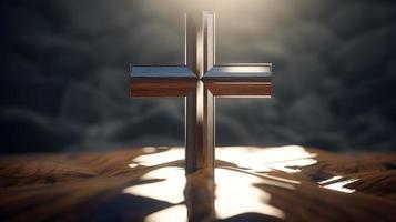 Christian cross on a dark background. 3D rendering photo