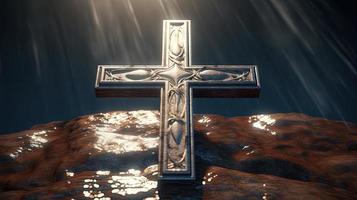 Christian cross on a dark background. 3D rendering photo