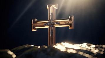 Christian cross on a dark background. 3D rendering photo