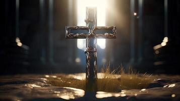 Christian cross on a dark background. 3D rendering photo