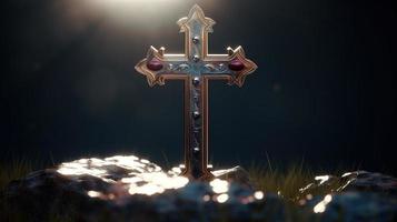 Christian cross on a dark background. 3D rendering photo