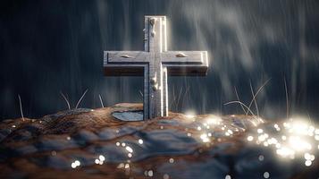 Christian cross on a dark background. 3D rendering photo